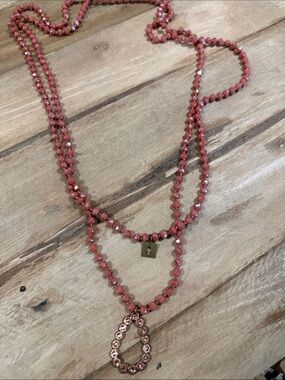 Pink Panache Layered Pink Beaded Necklace with Crystal Teardrop Pendant